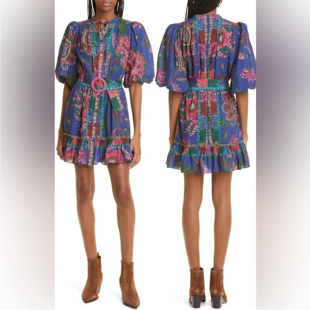 New FARM Rio Sunset Tapestry Belted Cotton Blend Minidress Sz XXS - Picture 1 of 8